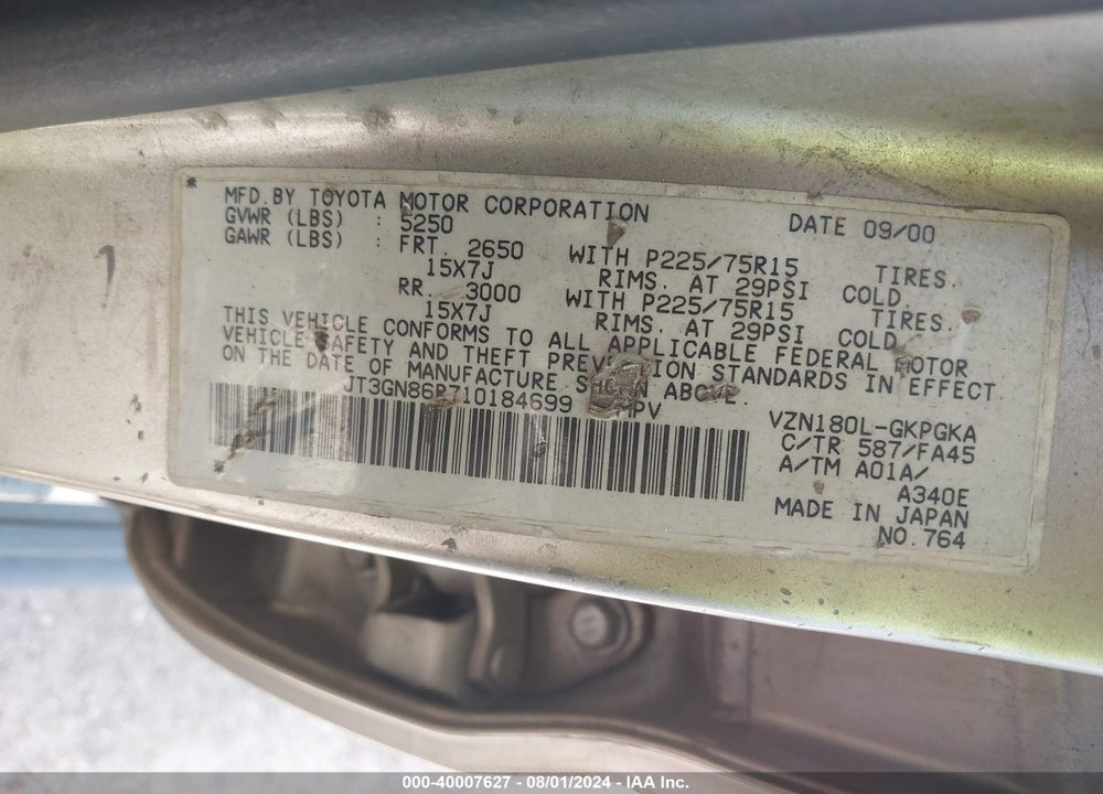 2001 TOYOTA 4RUNNER SR5 V6 VIN: JT3GN86R710184699