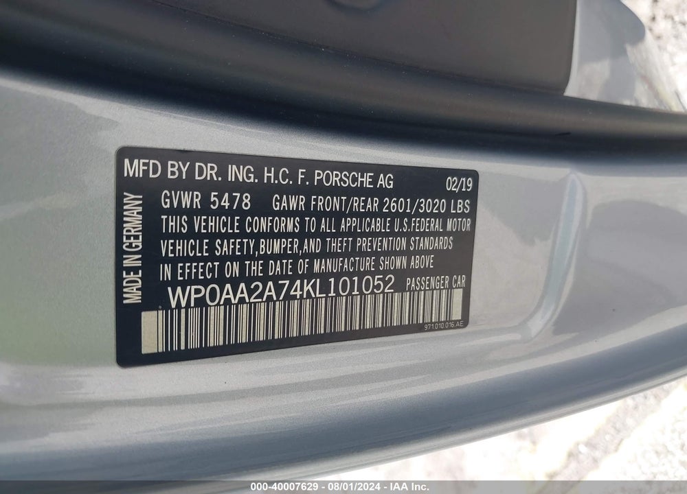 2019 PORSCHE PANAMERA 4 VIN: WP0AA2A74KL101052