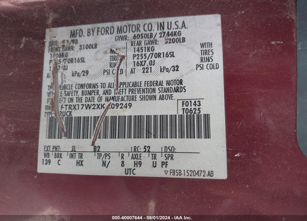 1999 FORD F-150 LARIAT/WORK SERIES/XL/XLT VIN: 1FTRX17W2XKA09249