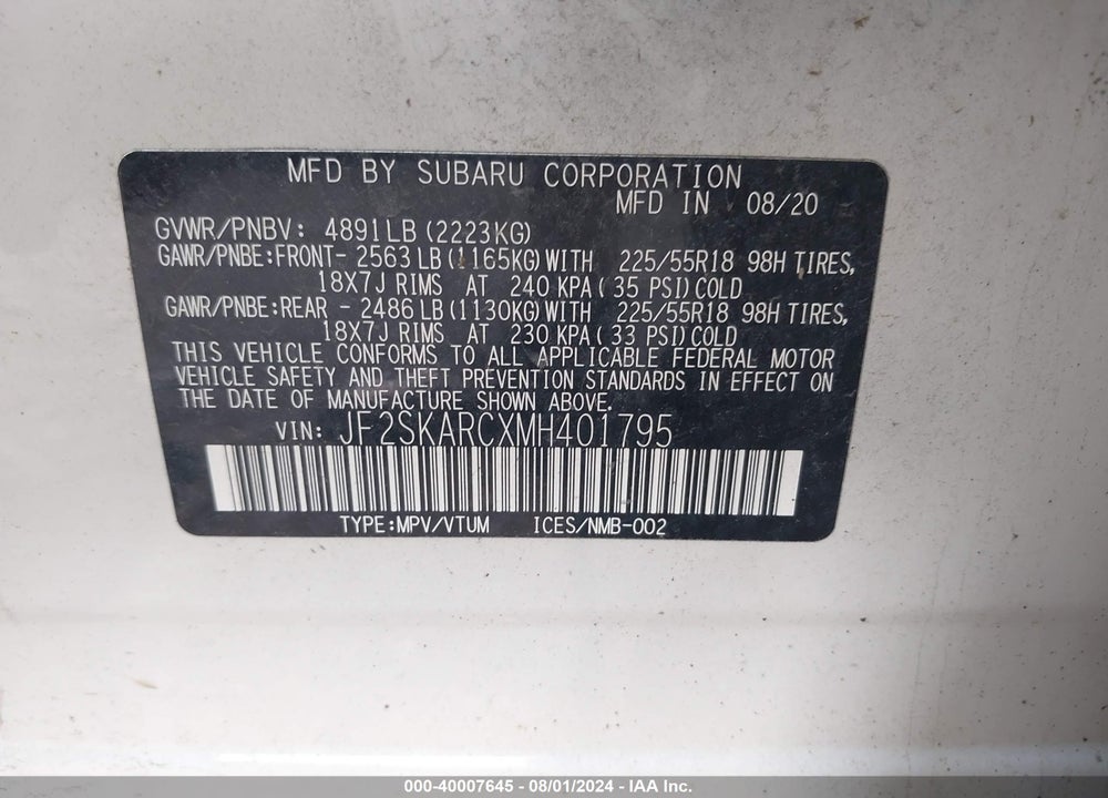 2021 SUBARU FORESTER SPORT VIN: JF2SKARCXMH401795