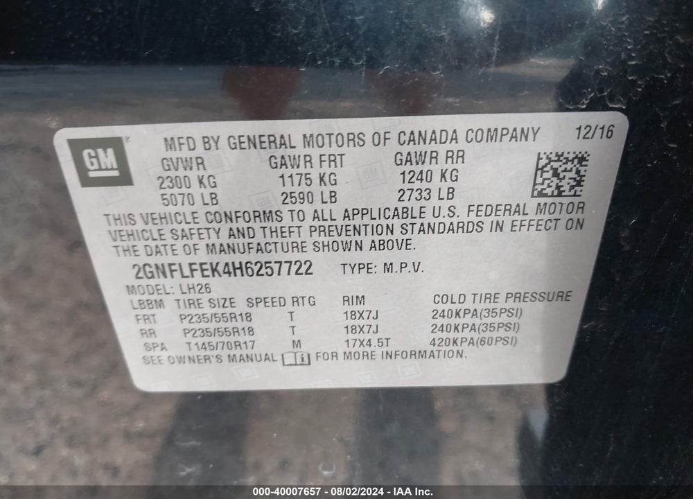 2017 CHEVROLET EQUINOX LT VIN: 2GNFLFEK4H6257722