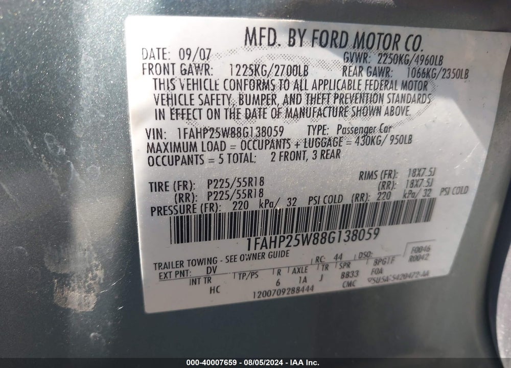 2008 FORD TAURUS LIMITED VIN: 1FAHP25W88G138059