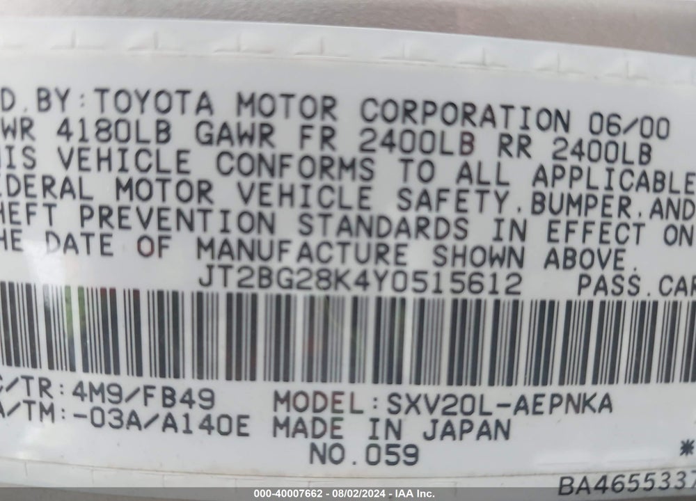 2000 TOYOTA CAMRY LE VIN: JT2BG28K4Y0515612
