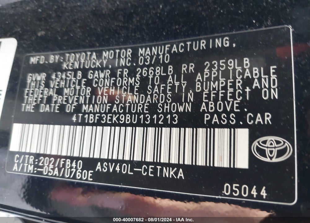 2011 TOYOTA CAMRY LE VIN: 4T1BF3EK9BU131213