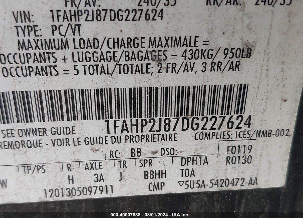 2013 FORD TAURUS LIMITED VIN: 1FAHP2J87DG227624