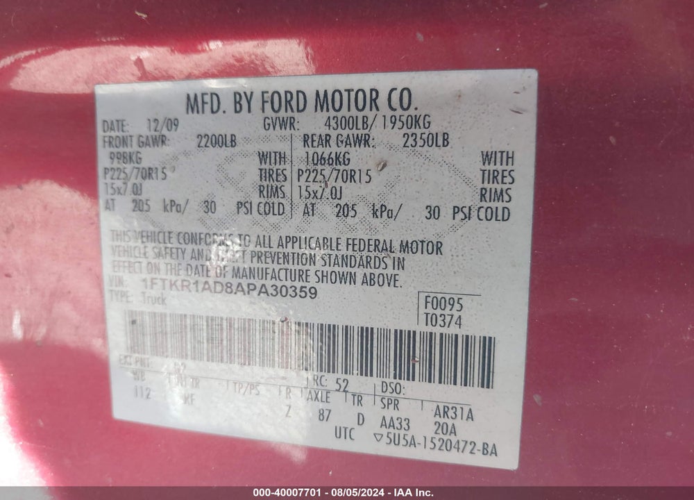 2010 FORD RANGER XL/XLT VIN: 1FTKR1AD8APA30359