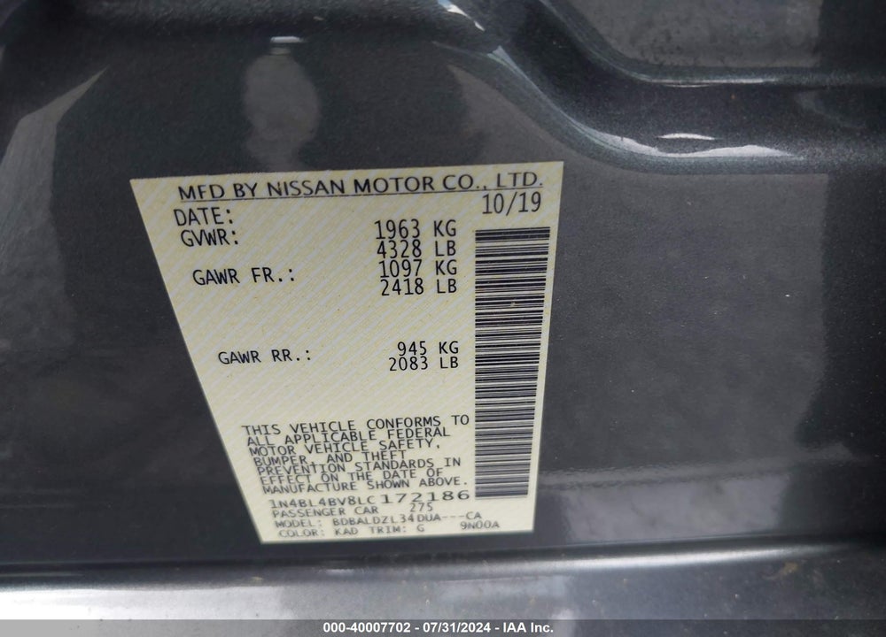 2020 NISSAN ALTIMA S FWD VIN: 1N4BL4BV8LC172186