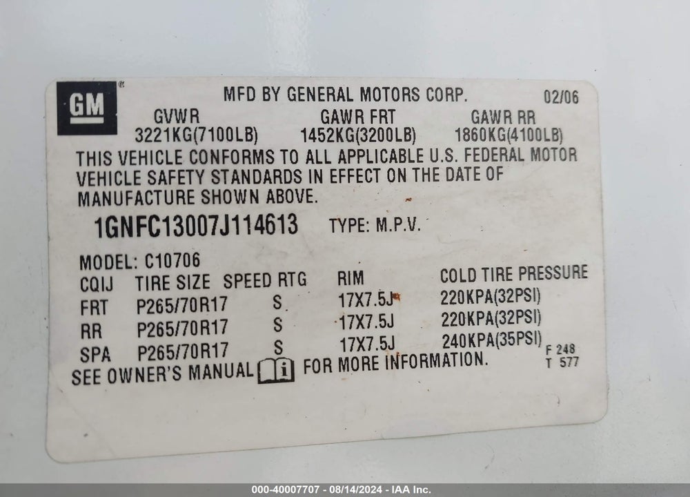 2007 CHEVROLET TAHOE LT VIN: 1GNFC13007J114613