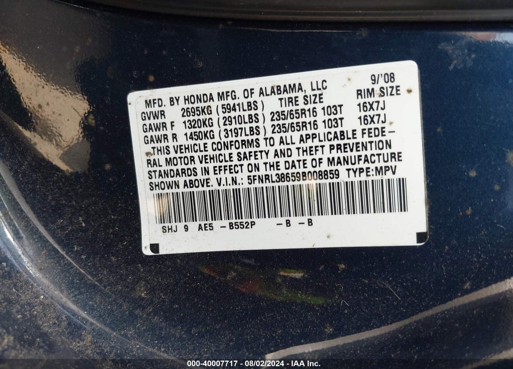 2009 HONDA ODYSSEY EX-L VIN: 5FNRL38659B008859