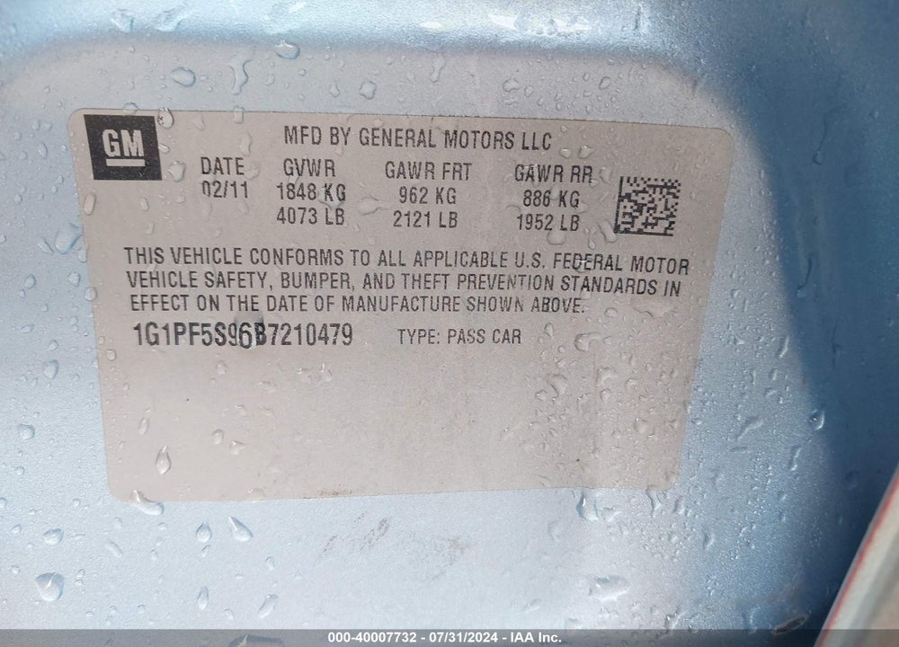 2011 CHEVROLET CRUZE 1LT VIN: 1G1PF5S96B7210479