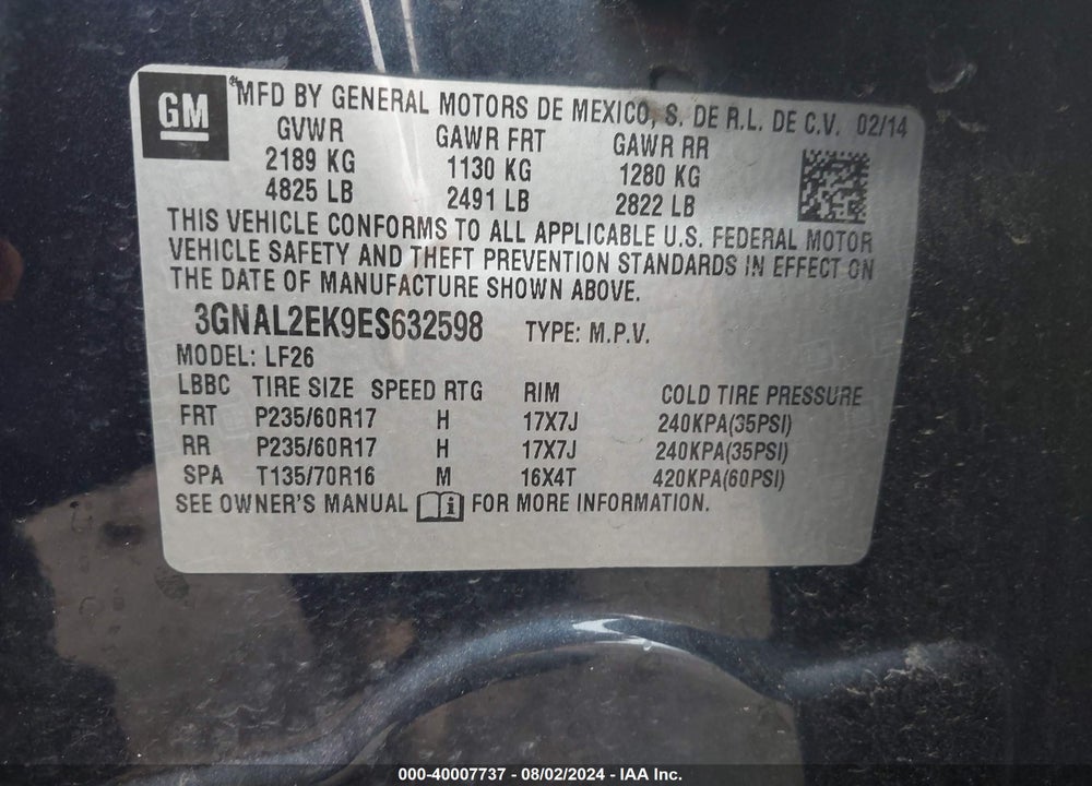 2014 CHEVROLET CAPTIVA SPORT 2LS VIN: 3GNAL2EK9ES632598