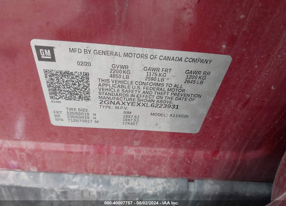 2020 CHEVROLET EQUINOX AWD PREMIER 2.0L TURBO VIN: 2GNAXYEXXL6223931