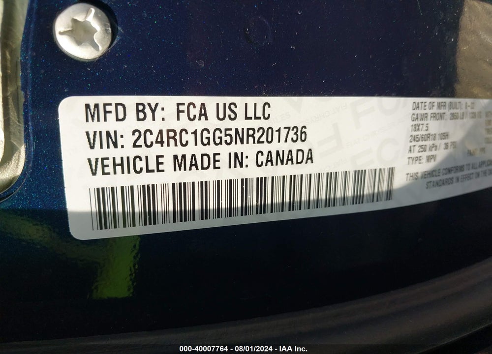 2022 CHRYSLER PACIFICA LIMITED VIN: 2C4RC1GG5NR201736