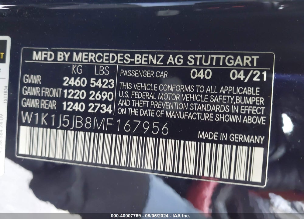 2021 MERCEDES-BENZ E 450 VIN: W1K1J5JB8MF167956