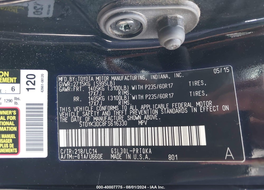 2015 TOYOTA SIENNA XLE 8 PASSENGER VIN: 5TDYK3DC8FS616330