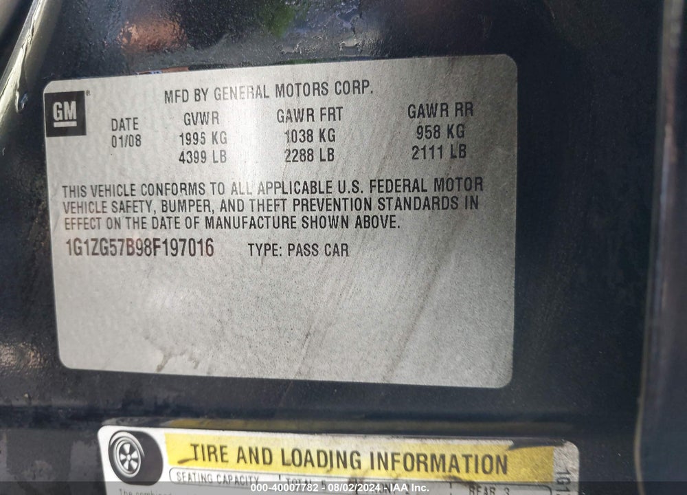 2008 CHEVROLET MALIBU LS VIN: 1G1ZG57B98F197016