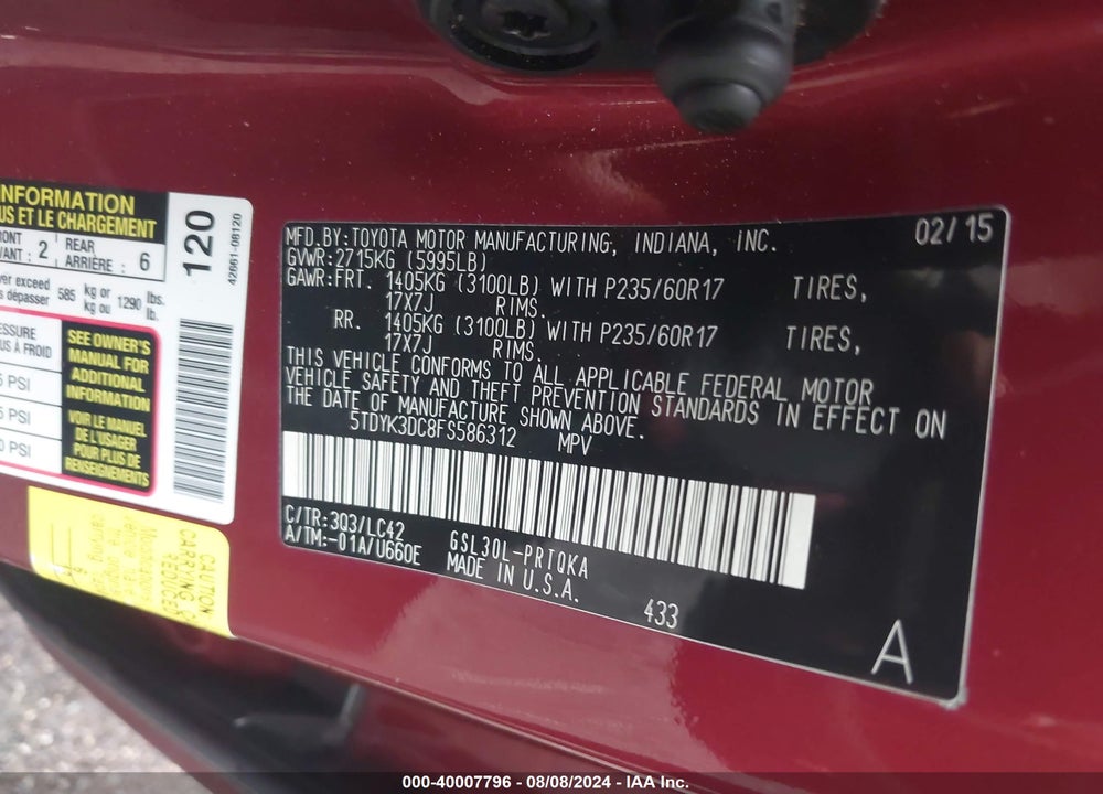 2015 TOYOTA SIENNA XLE 8 PASSENGER VIN: 5TDYK3DC8FS586312