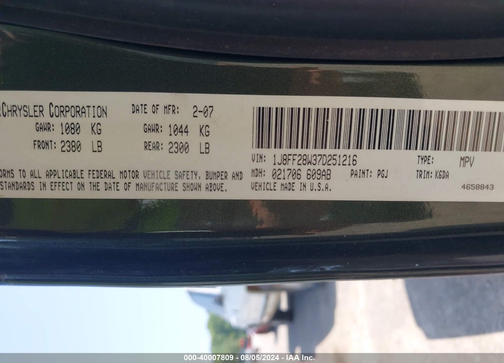 2007 JEEP PATRIOT SPORT VIN: 1J8FF28W37D251216