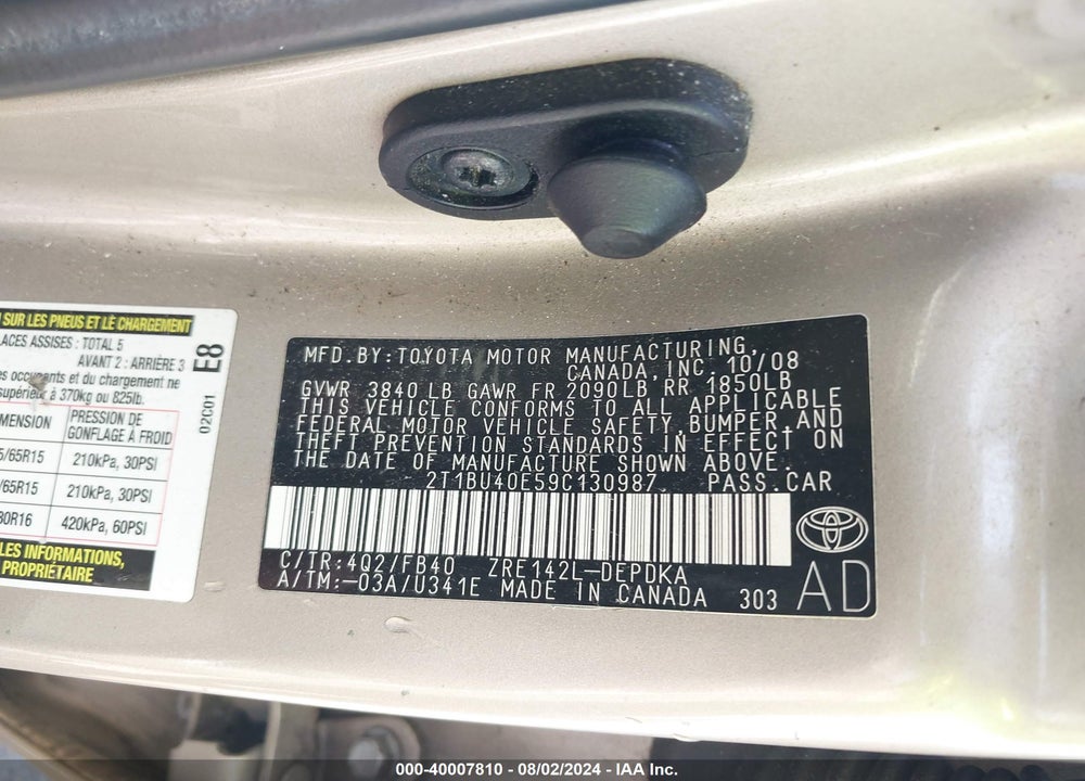 2009 TOYOTA COROLLA LE VIN: 2T1BU40E59C130987