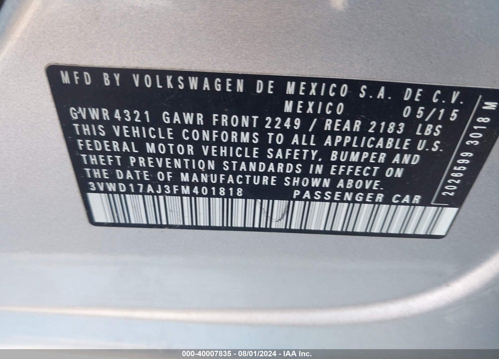 2015 VOLKSWAGEN JETTA 1.8T SE VIN: 3VWD17AJ3FM401818