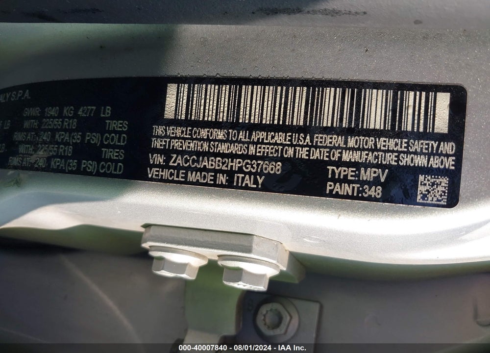 2017 JEEP RENEGADE LATITUDE FWD VIN: ZACCJABB2HPG37668