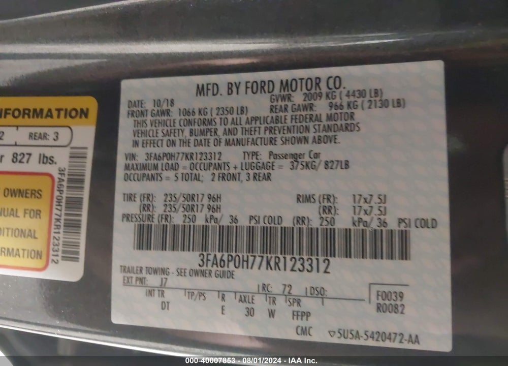 2019 FORD FUSION SE VIN: 3FA6P0H77KR123312
