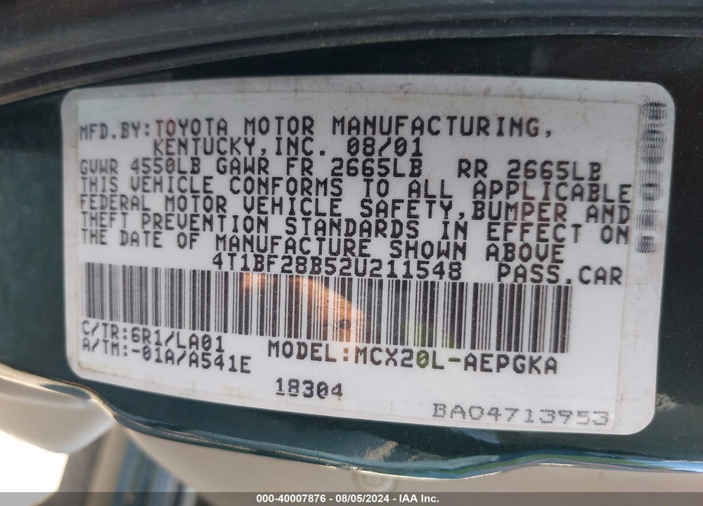 2002 TOYOTA AVALON XLS VIN: 4T1BF28B52U211548