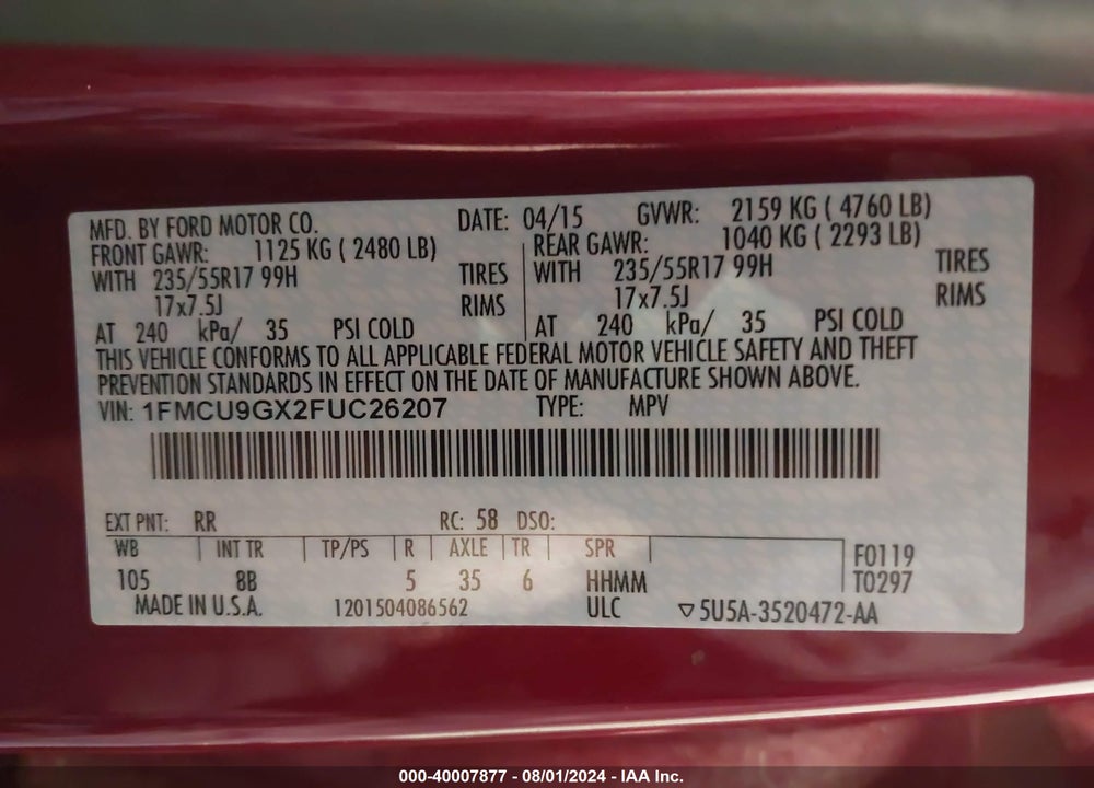 2015 FORD ESCAPE VIN: 1FMCU9GX2FUC26207