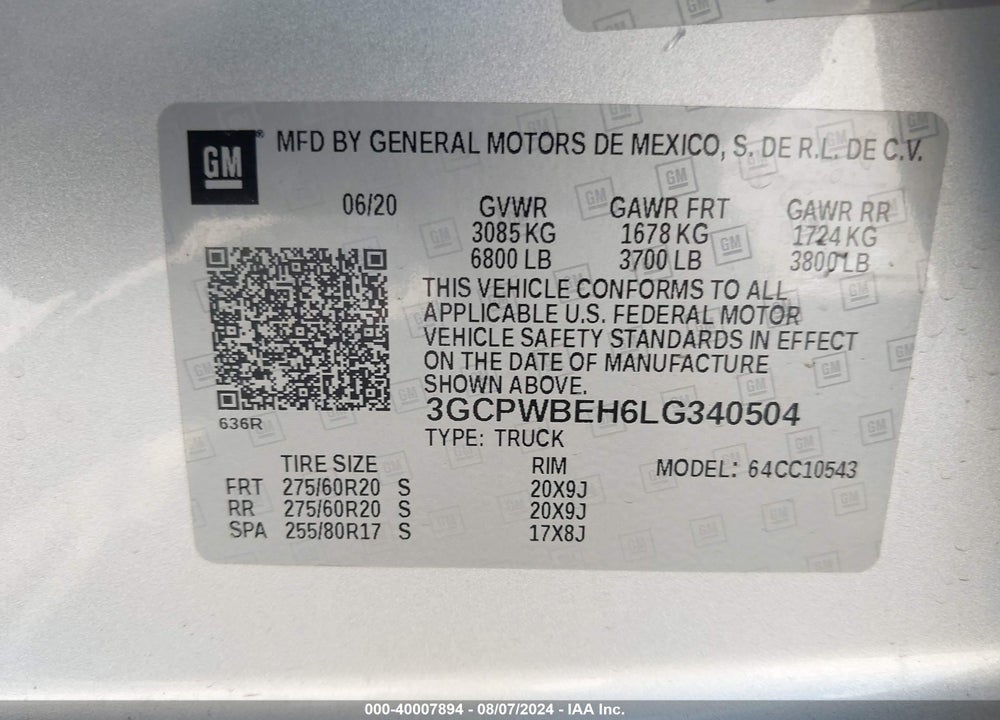2020 CHEVROLET SILVERADO 1500 VIN: 3GCPWBEH6LG340504
