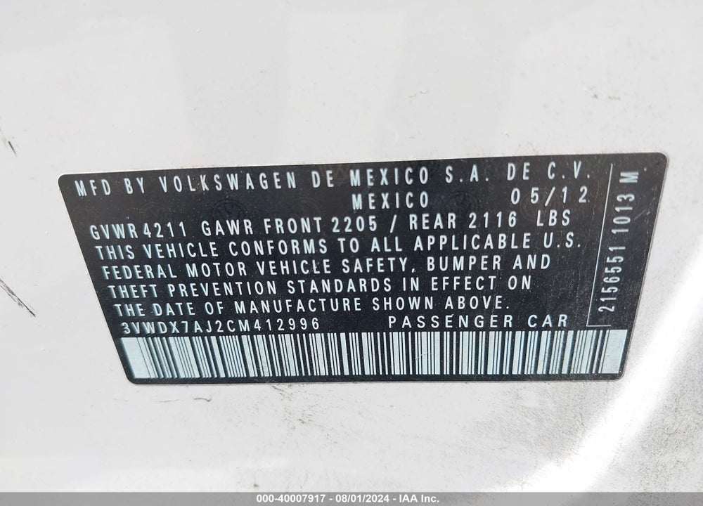 2012 VOLKSWAGEN JETTA 2.5L SE VIN: 3VWDX7AJ2CM412996