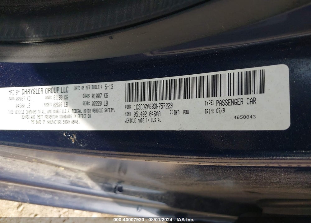 2013 DODGE AVENGER SE V6 VIN: 1C3CDZAG3DN757229