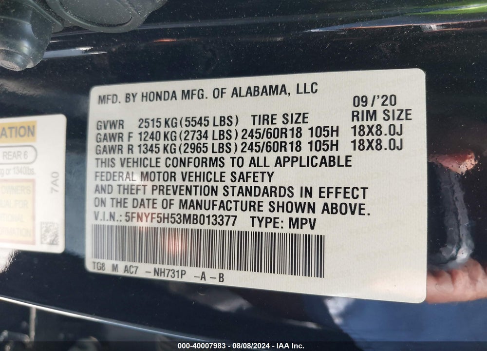 2021 HONDA PILOT 2WD EX-L VIN: 5FNYF5H53MB013377