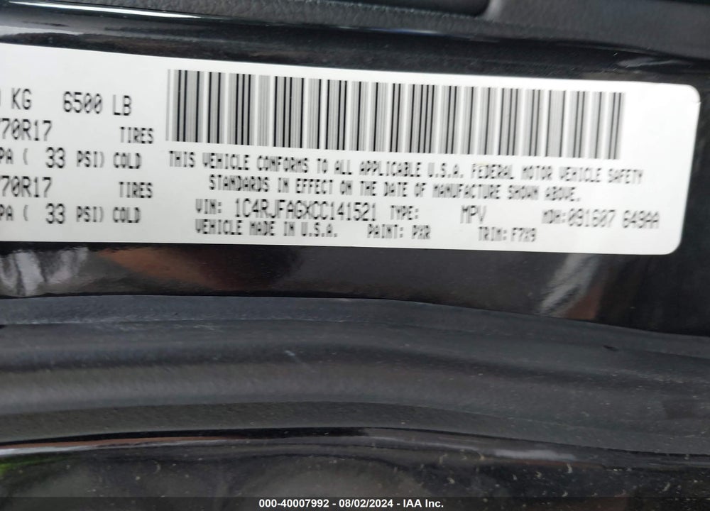 2012 JEEP GRAND CHEROKEE LAREDO VIN: 1C4RJFAGXCC141521