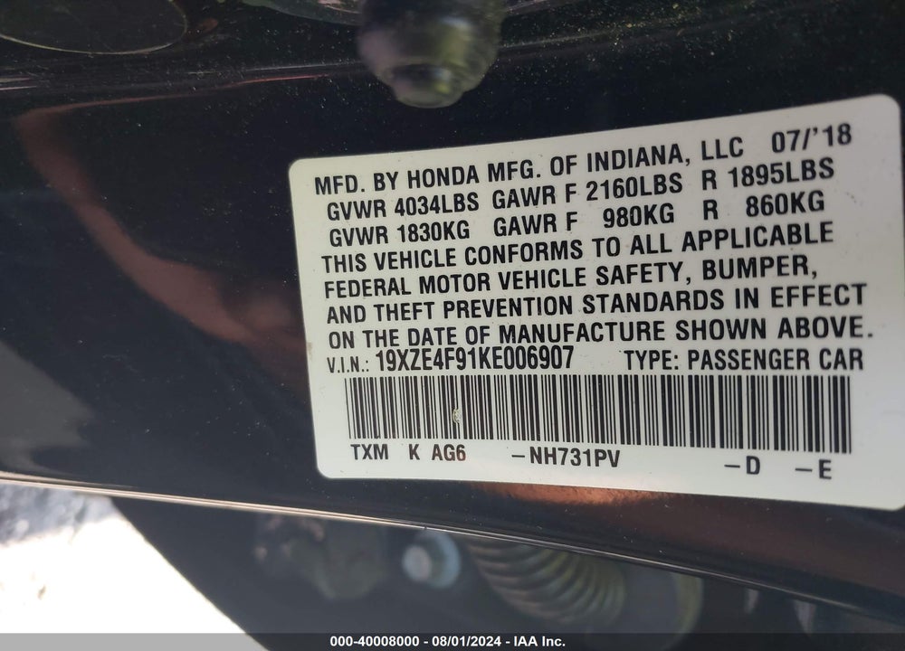 2019 HONDA INSIGHT TOURING VIN: 19XZE4F91KE006907