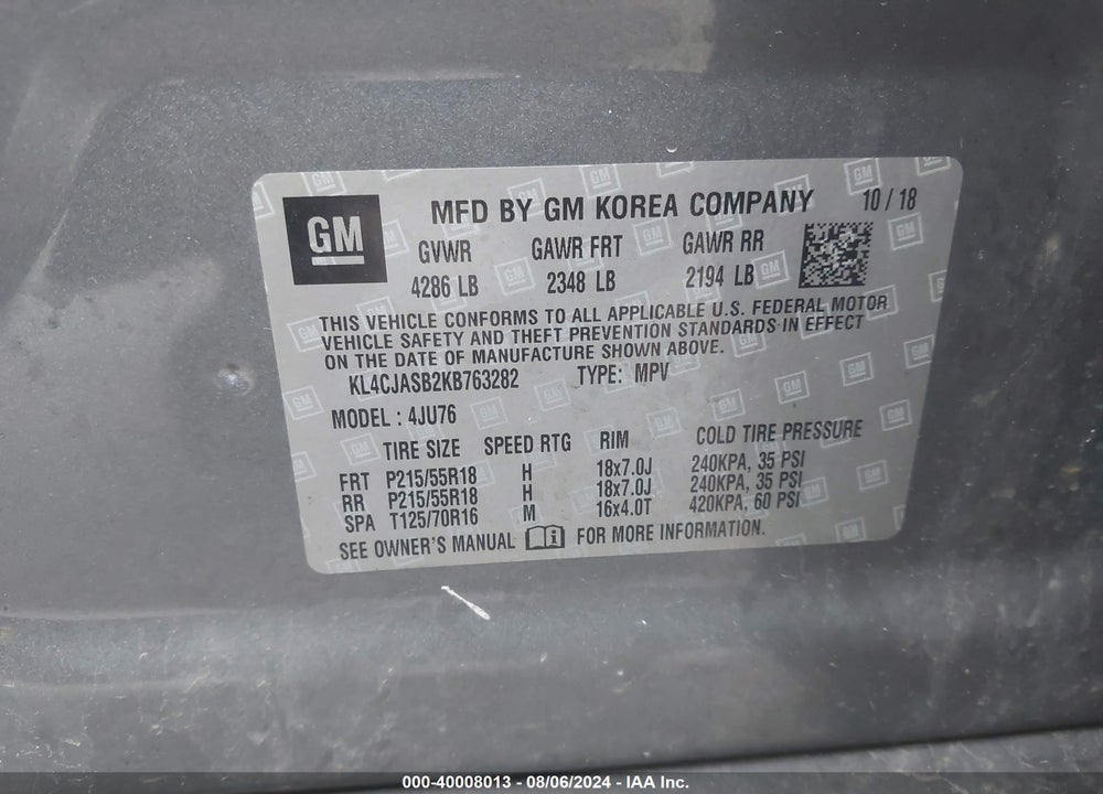 2019 BUICK ENCORE VIN: KL4CJASB2KB763282