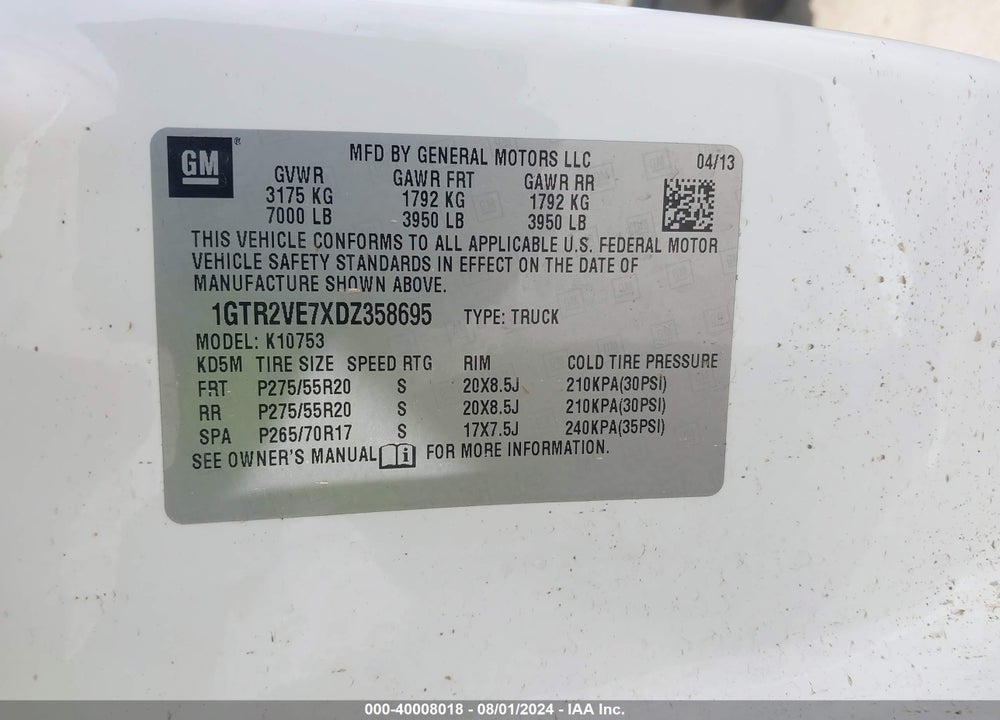 2013 GMC SIERRA 1500 SLE VIN: 1GTR2VE7XDZ358695