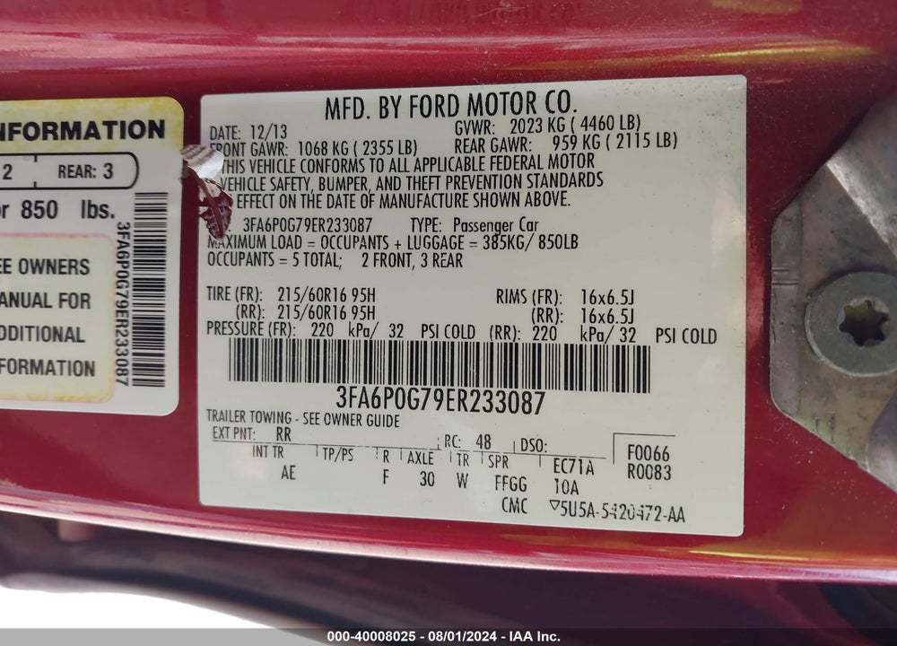 2014 FORD FUSION VIN: 3FA6P0G79ER233087