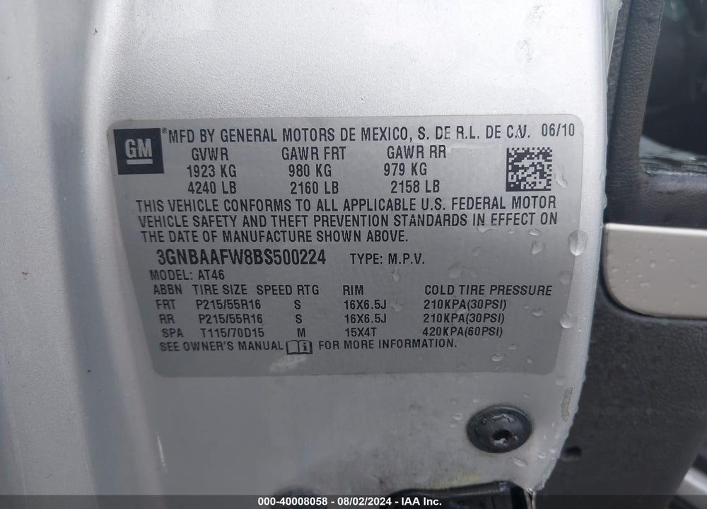 2011 CHEVROLET HHR LS VIN: 3GNBAAFW8BS500224