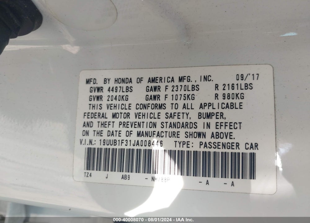 2018 ACURA TLX VIN: 19UUB1F31JA008446