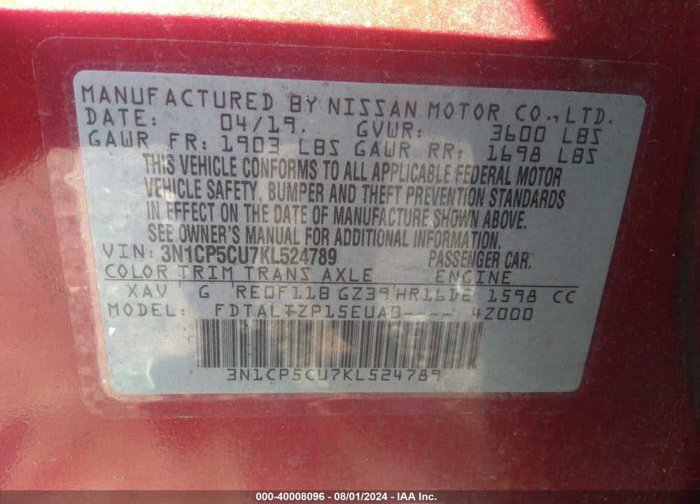 2019 NISSAN KICKS SR VIN: 3N1CP5CU7KL524789
