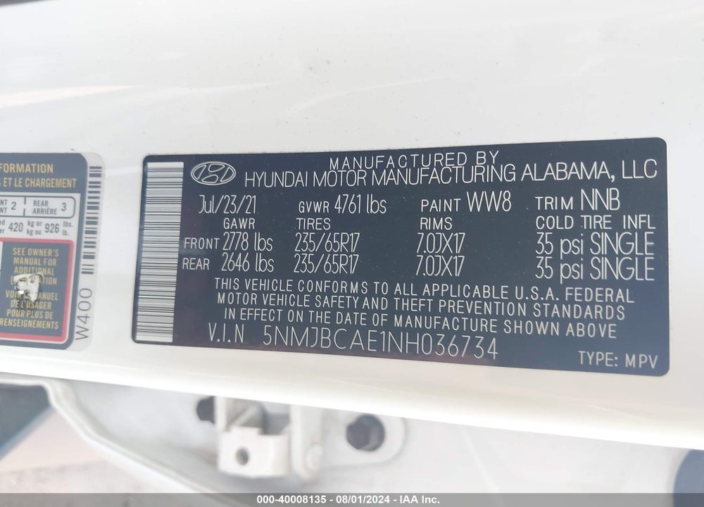 2022 HYUNDAI TUCSON SEL VIN: 5NMJBCAE1NH036734