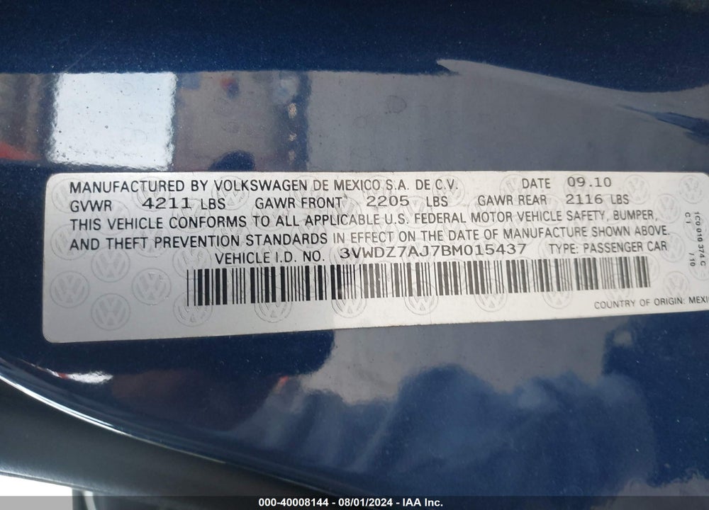 2011 VOLKSWAGEN JETTA 2.5L SE VIN: 3VWDZ7AJ7BM015437
