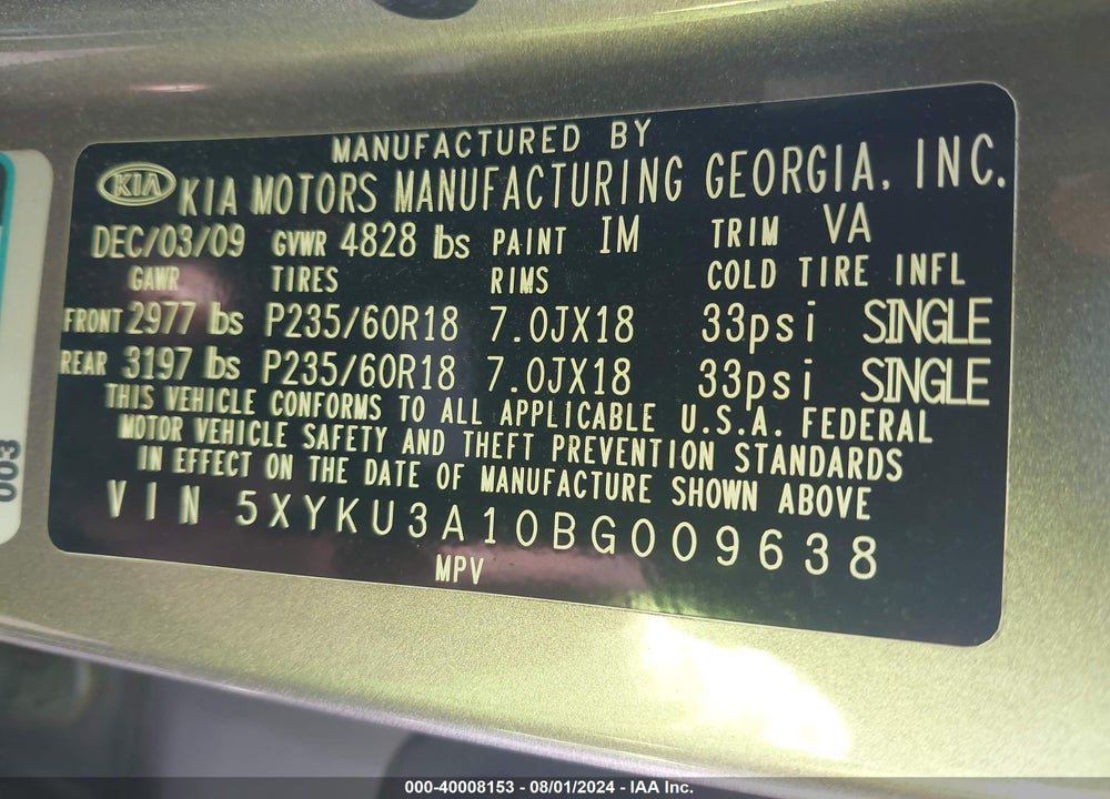 2011 KIA SORENTO EX VIN: 5XYKU3A10BG009638