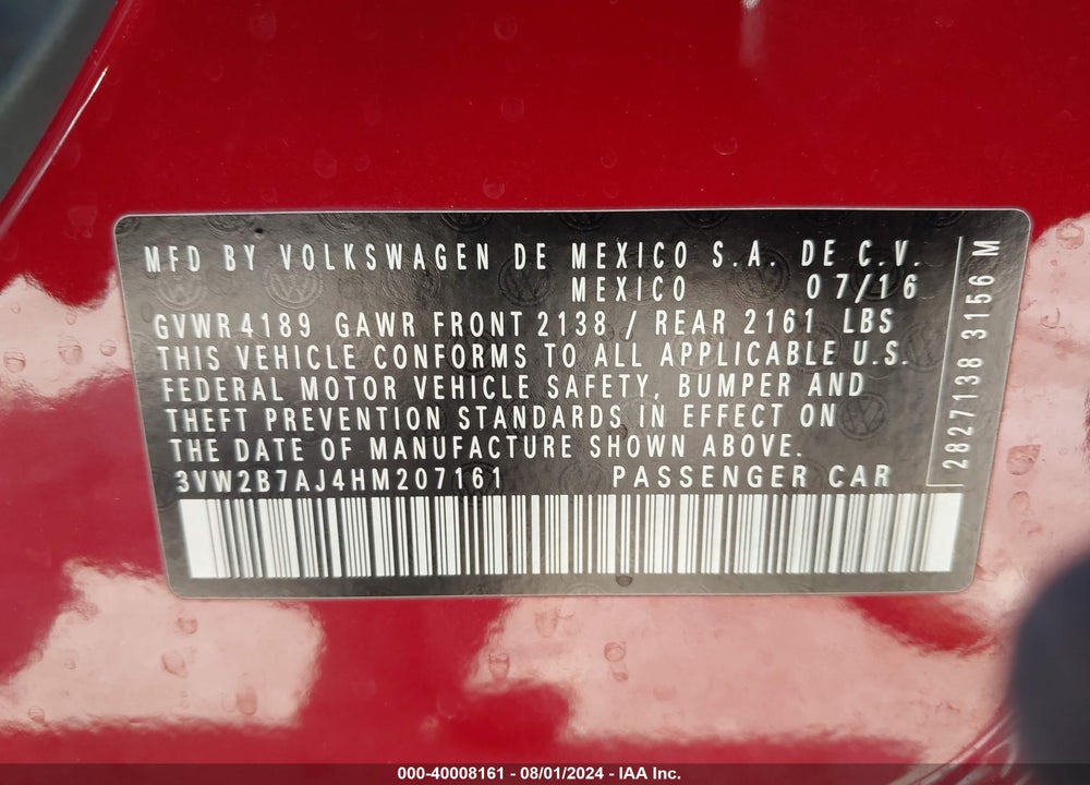 2017 VOLKSWAGEN JETTA 1.4T S VIN: 3VW2B7AJ4HM207161