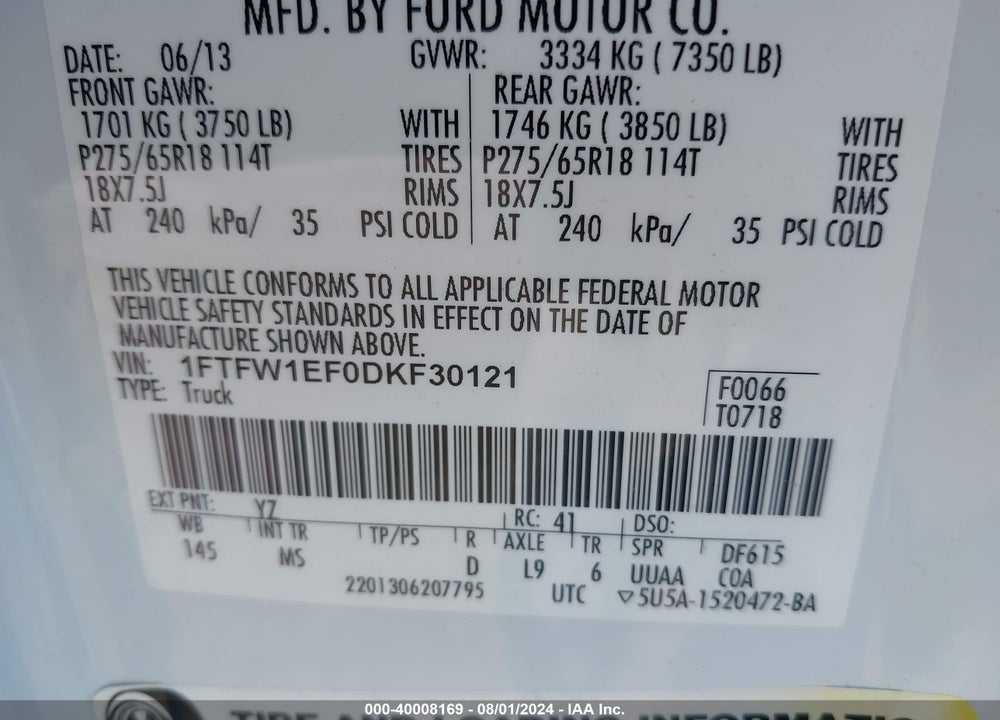 2013 FORD F-150 XLT VIN: 1FTFW1EF0DKF30121