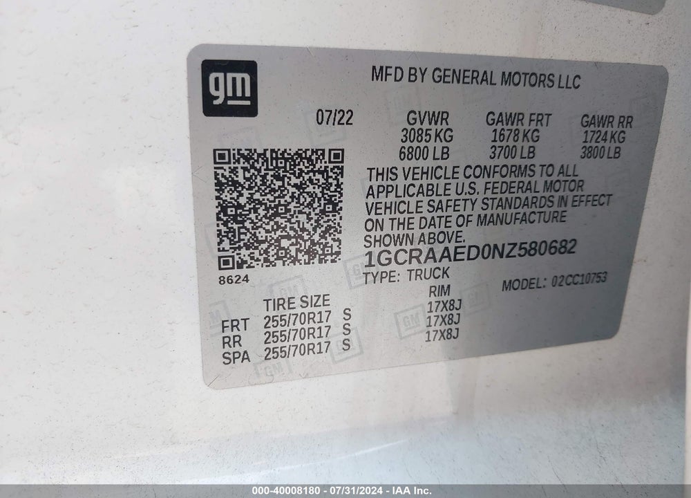2022 CHEVROLET SILVERADO 1500 WORK TRUCK VIN: 1GCRAAED0NZ580682