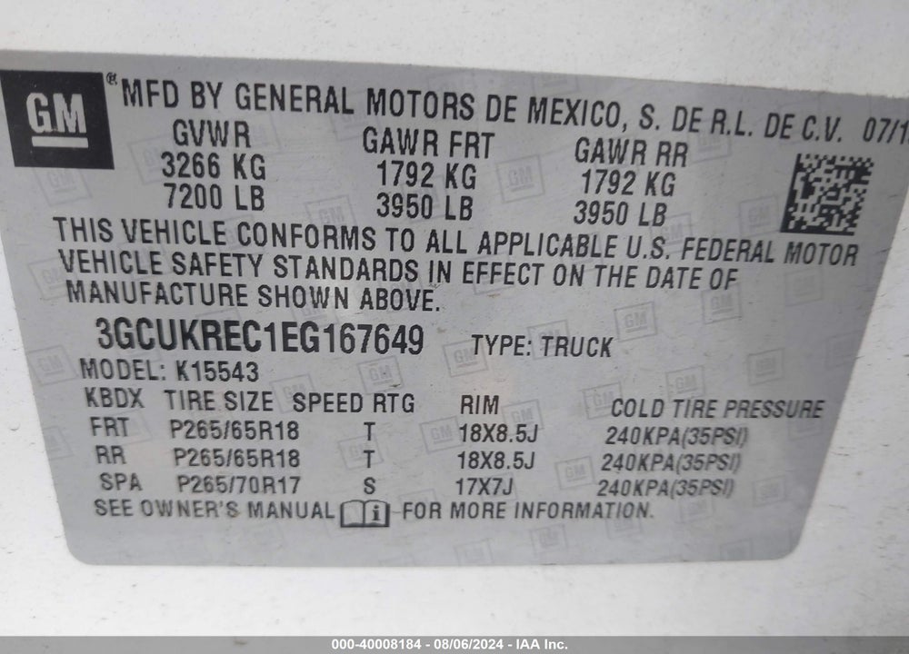 2014 CHEVROLET SILVERADO 1500 2LT VIN: 3GCUKREC1EG167649