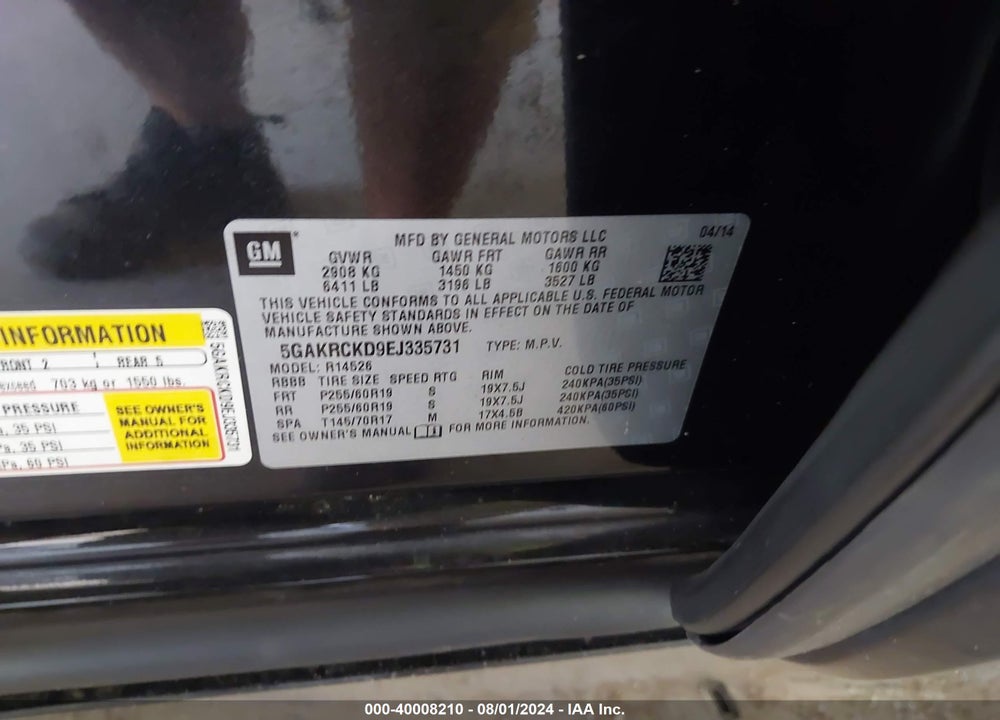2014 BUICK ENCLAVE PREMIUM VIN: 5GAKRCKD9EJ335731