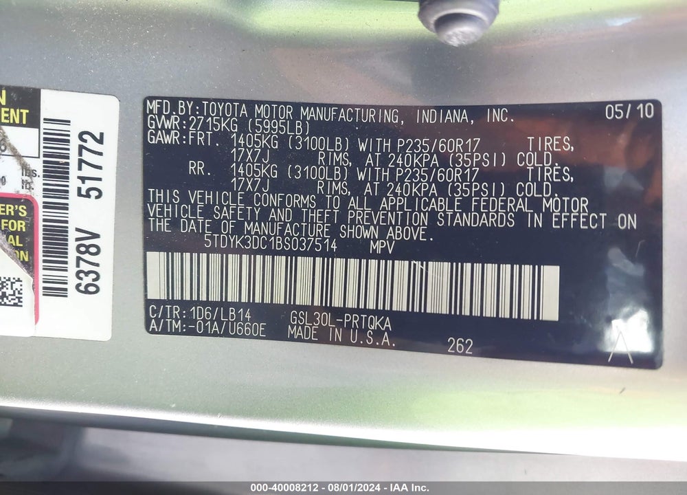 2011 TOYOTA SIENNA XLE V6 VIN: 5TDYK3DC1BS037514