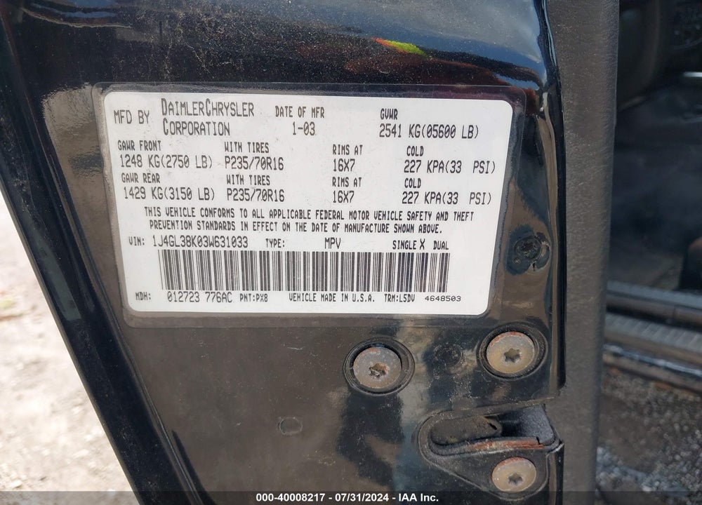 2003 JEEP LIBERTY RENEGADE VIN: 1J4GL38K03W631033